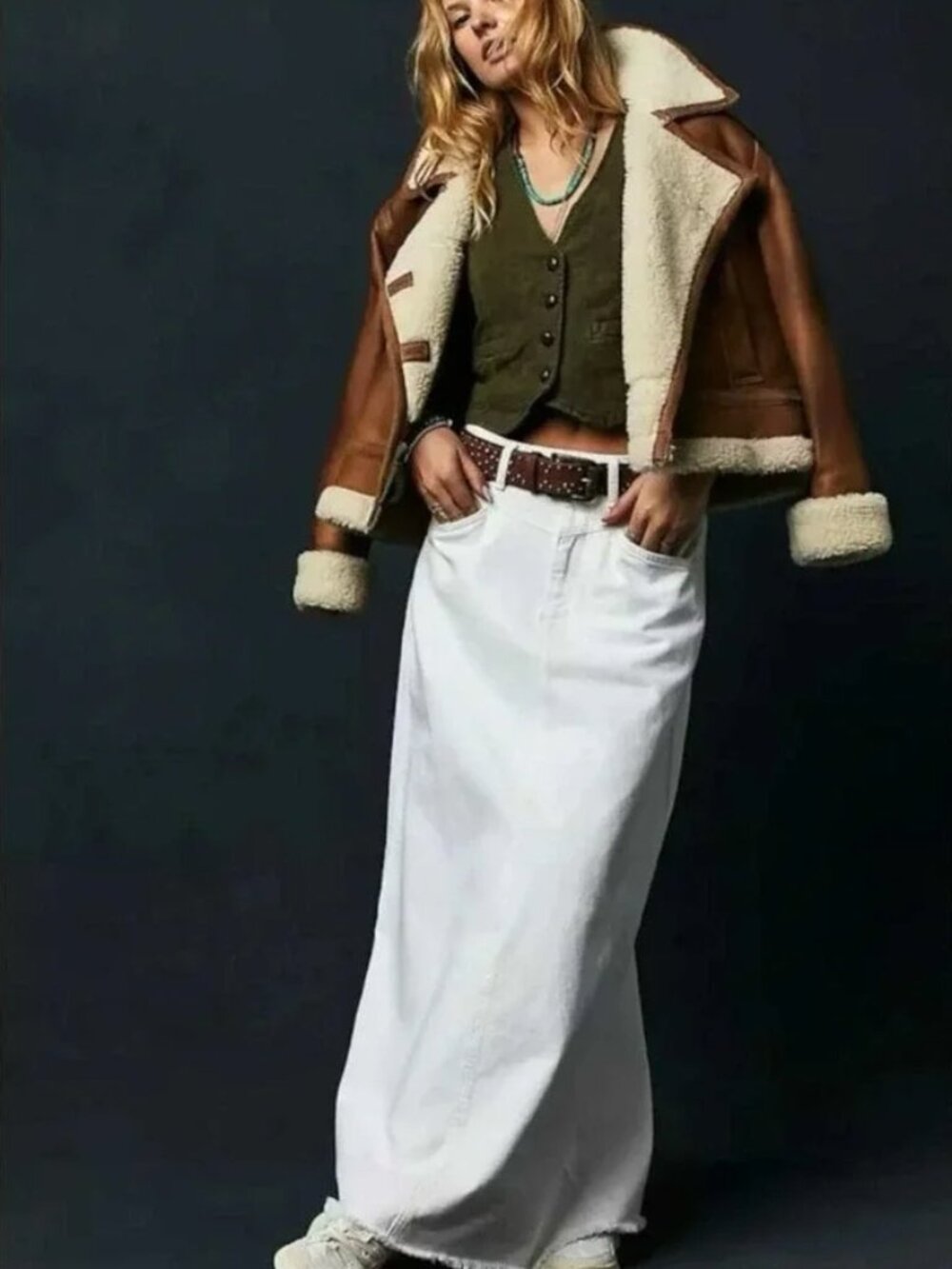 We The Free Come As You Are White High-Waist Denim A-Line Maxi Skirt 0